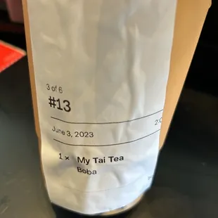 a bag of tea on a table