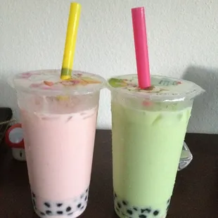 Left Honeydew Milk Tea W/yogurt Poppers Right Peaches