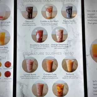 a menu for different drinks