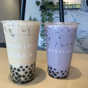 Taro milk tea and back milk tea with boba