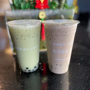 Honeydew milk tea with boba; OG milk tea with grass jelly.