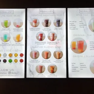 a variety of drinks on a menu