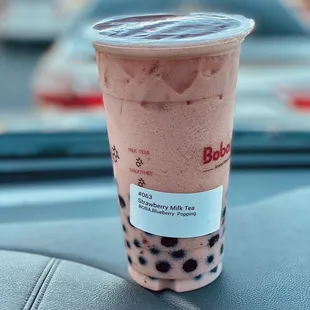 Strawberry Milk Tea with Blueberry Popping Boba and Boba