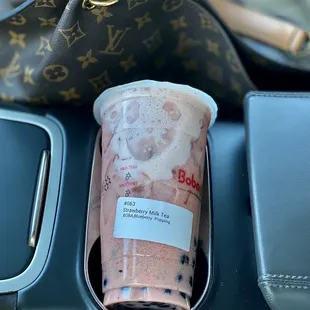 Strawberry Milk Tea with Blueberry Popping Boba and Boba