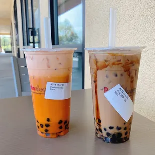 Tiger Milk Boba tea (this is a brown sugar tea) on the right. Thai Milk Boba Tea on the left.