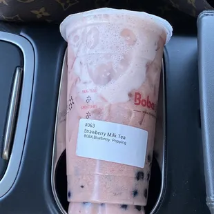 Strawberry Milk Tea with Blueberry Popping Boba and Boba