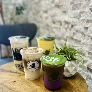 Ube coffee, tiramisu coffee, Japanese brown rice milk tea, mango slush