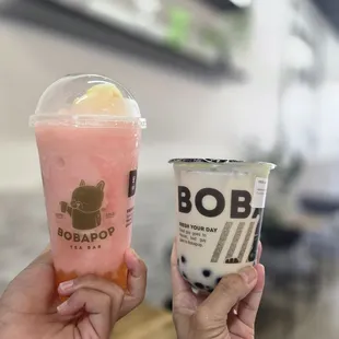 Strawberry Slush with Lychee Jelly (subbed with mango popping boba) and Ice Cream.  $6.   Japanese Brown Rice Milk Tea with added boba.  $6
