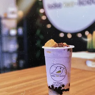 NEW TARO HALO! Leche flan, red bean, boba, and lychee jelly paired with our silky smooth taro smoothie :D
