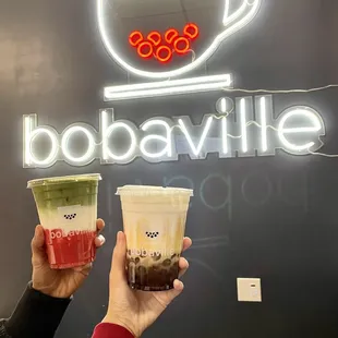 Strawberry Matcha Latte and Boba + Milk