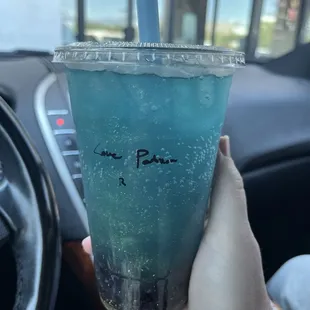 Love Potion with blueberry popping boba - it has glitter!