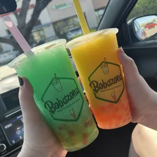 Sour Patch and Mango Smoothie with strawberry popping boba!