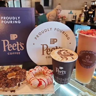a variety of pastries and drinks