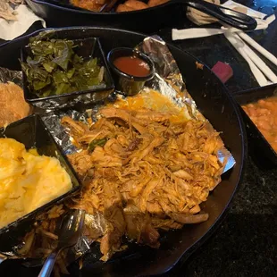 Pulled Chicken, Collard greens, Baked Beans, Macaroni &amp; Cheese
