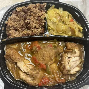 Stew chicken, rice &amp; peas, cabbage