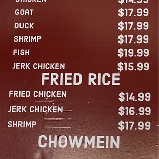 Menu with prices