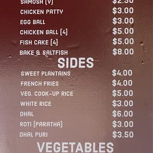 Menu with prices