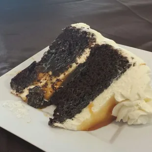 Chocolate caramel cake that was moist &amp; rich.