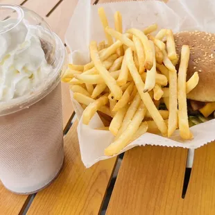 Chocolate Milkshake with whipped cream topping, Single Bacon Cheeseburger, and Fries