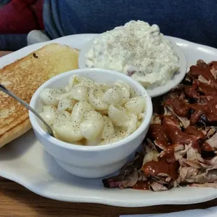 Pulled pork, potato salad and mac n cheese