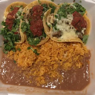 #1 3 street tacos with cheese no onion with rice and beans