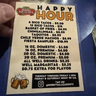 Current Happy Hour Menu as of 9/2024