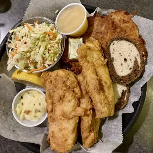 Cod fish fry with potato pancakes.