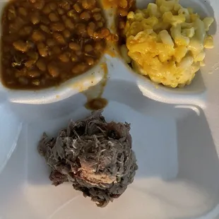 Chopped pork plate, baked beans and Mac N cheese.