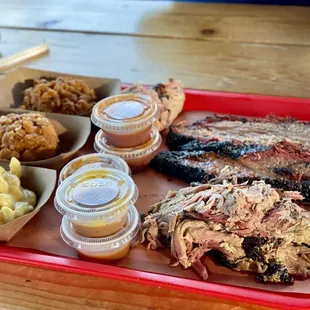 Pulled pork, brisket, Mac &amp; cheese, and baked beans