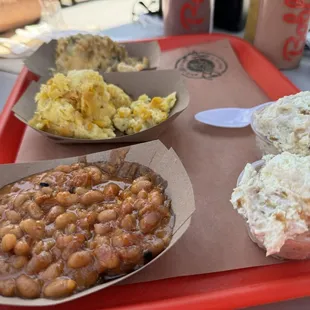 Pen pudding, potato casserole and baked beans.