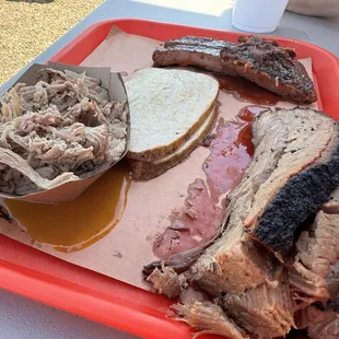 Brisket, pulled pork and turkey breast.