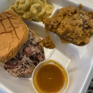 Pulled Pork Sandwich with Mac and Cheese and Sweet Potato Crunch
