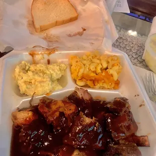 Rib tips, potato salad, and mac&amp;cheese