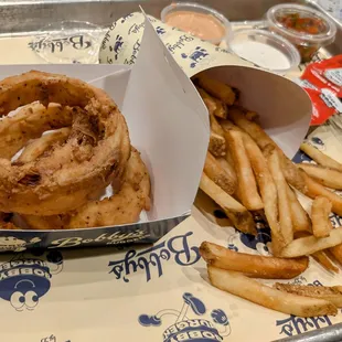 Buttermilk Onion Rings, 3 of the order of 4) and Fries.