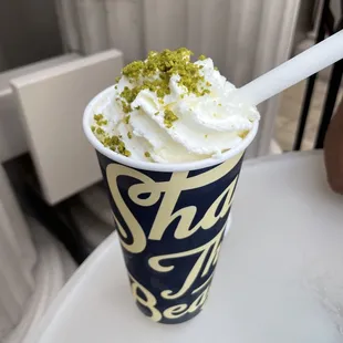 Got a pistachio shake since I don&apos;t drink!
