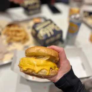 a person holding a hot dog with cheese and onion rings