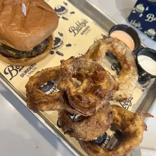 Nacho Burger and Onion Rings
