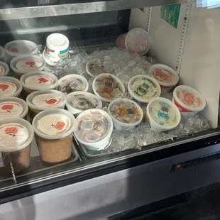 a display case filled with food