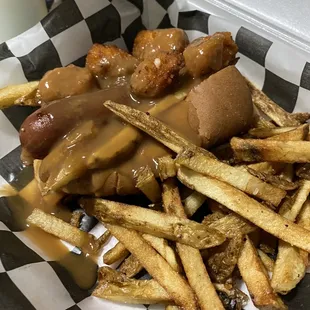 Poutine Dog with cheese curds and fries