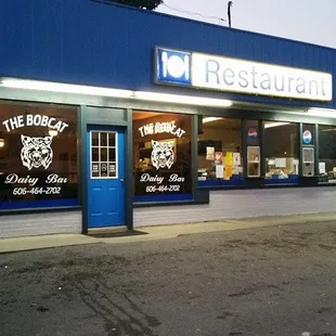 The Bobcat Dairy Bar has window service, gas pumps, or dine-in.