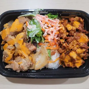 meat-lovers bowl (steamed rice, bbq chicken, sweet &amp; spicy pork)