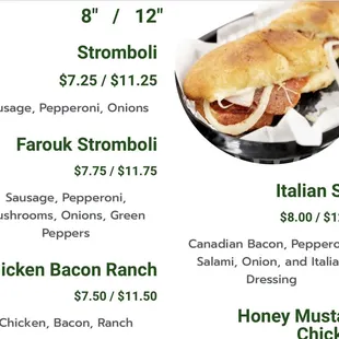 a menu for a sandwich