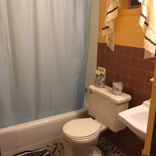 a bathroom with a shower curtain