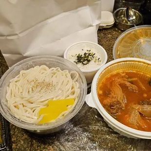 Beef Kimball, Kajang noodles, galbi tang soup w|rice.  Lunch is served.