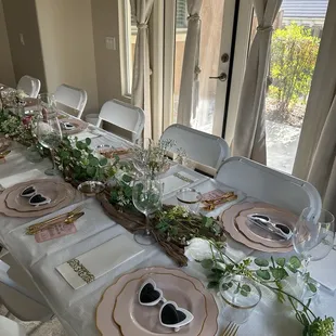 Photo of the long table and chairs that I rented for my sister's bridal brunch.
