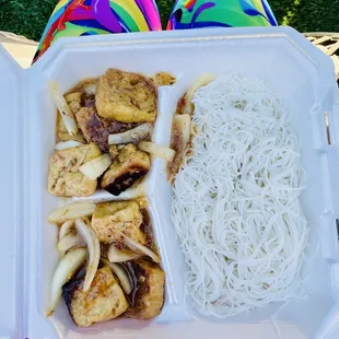 #77 Lemongrass Tofu with Rice Noodles (you have a choice of rice or noodles). Even as takeout, this is SO GOOD! My 3rd decade of eating #77!