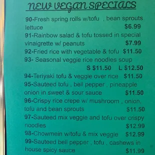 Vegan Menu