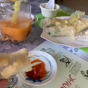 Fresh Vegan Spring Rolls and Thai Boba Tea. Yummmmmm!