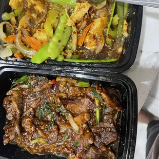 Mongolian beef and chicken with garlic sauce