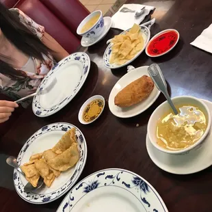 Potstickers , egg rolls, egg drop soup!